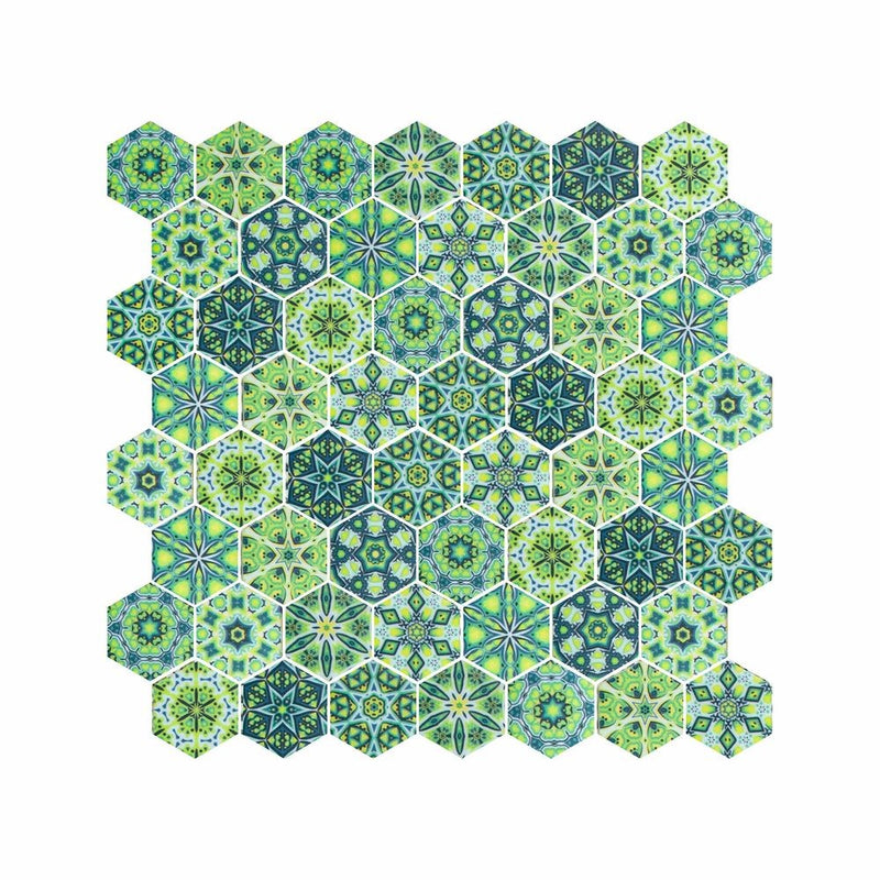 Hexagon Digital Print Mix Pattern Glass Mosaic Tile - 1