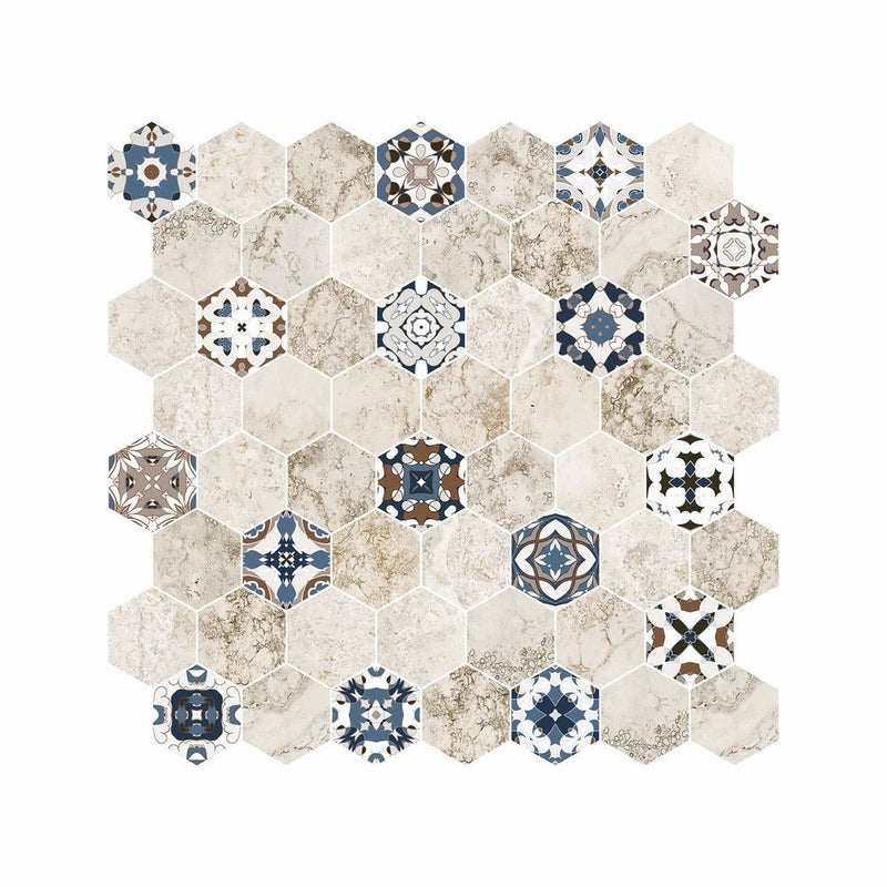 Hexagon Digital Print Blue Mix Pattern Glass Mosaic Tile