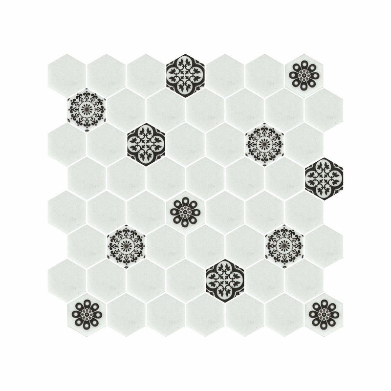 Hexagon Digital Print Mix Pattern Glass Mosaic Tile - 9
