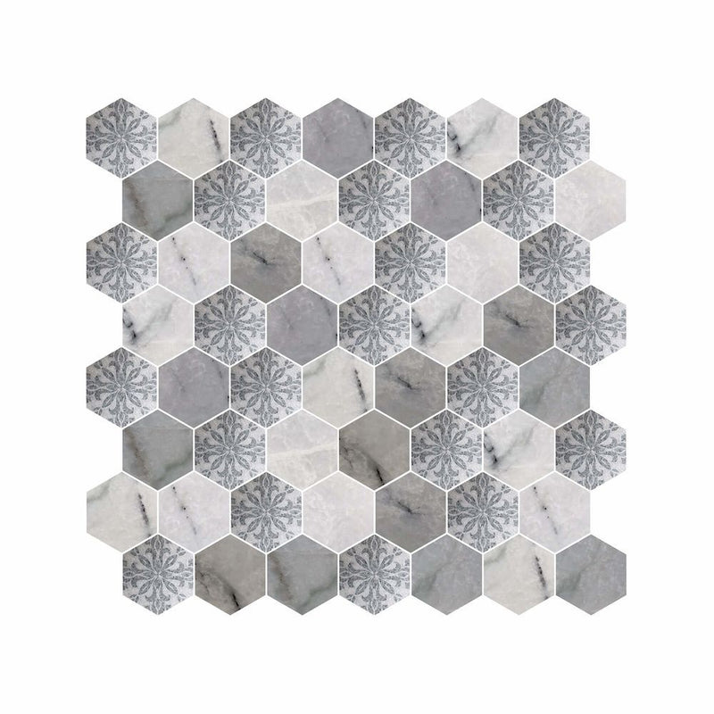 Hexagon Digital Print Mix Pattern Glass Mosaic Tile - 7