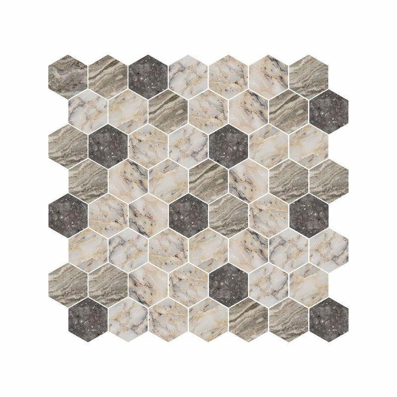 Hexagon Digital Print Marble Look Glass Mosaic Tile - 1
