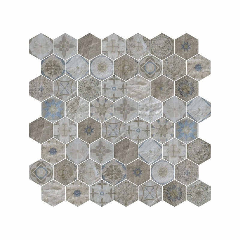 Hexagon Digital Print Mix Pattern Glass Mosaic Tile - 2