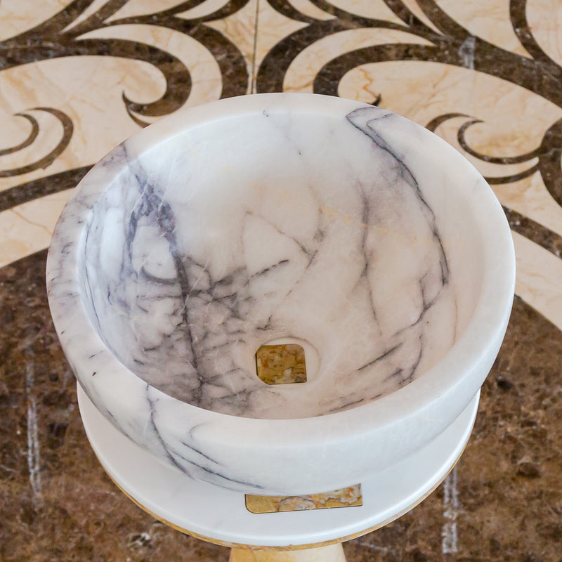Gobek Natural Stone New York White Marble Round Vessel Sink Polished