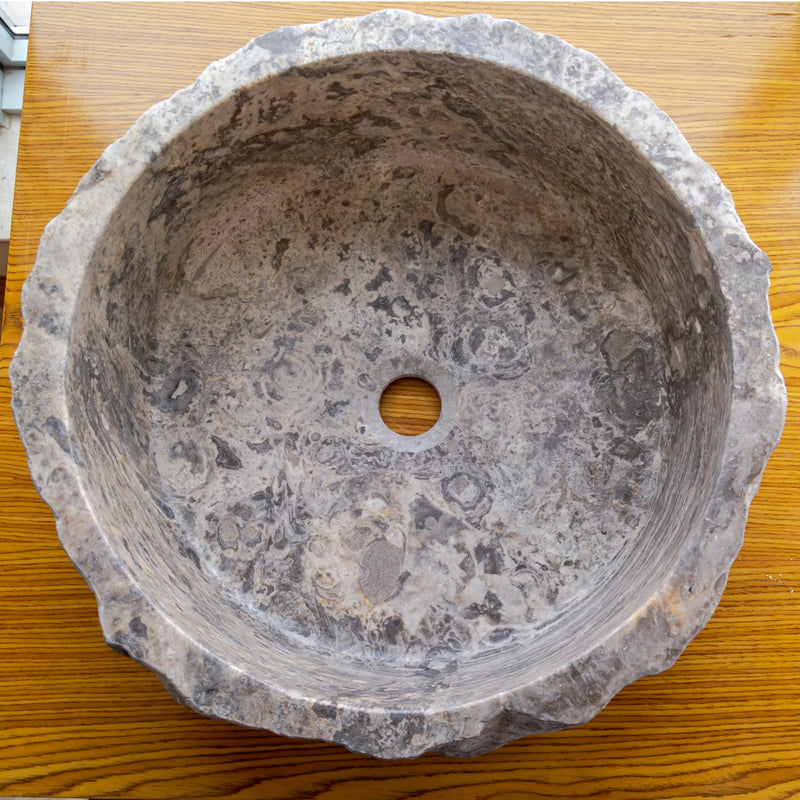 Gobek Silver Travertine Rustic Stone Vessel Sink Polished Interior Hand Chiseled Exterior