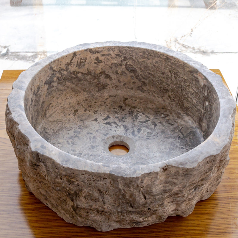 Gobek Silver Travertine Rustic Stone Vessel Sink Honed Interior Hand Chiseled Exterior