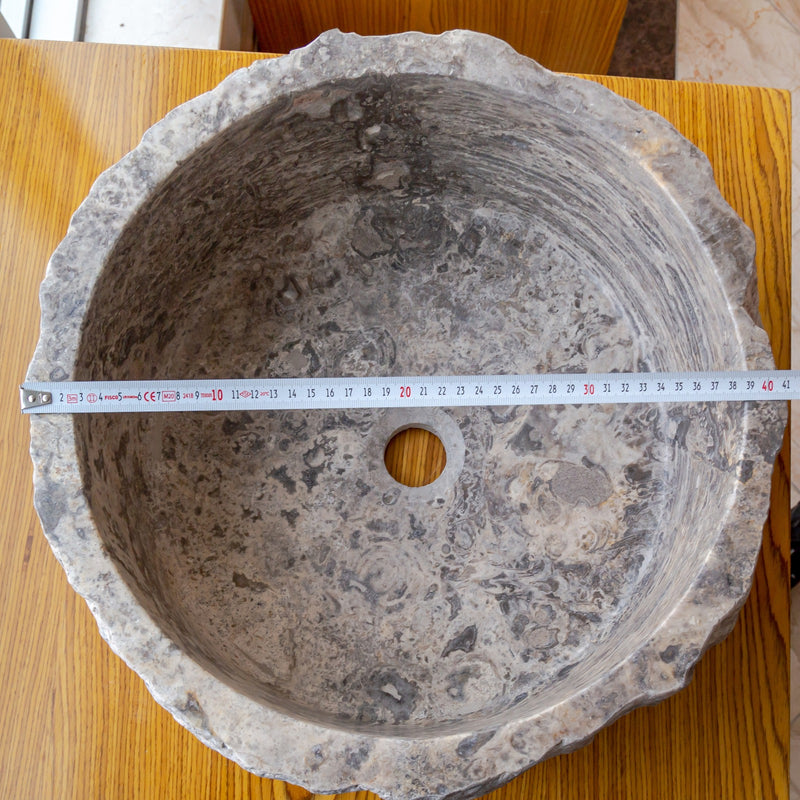 Gobek Silver Travertine Rustic Stone Vessel Sink Polished Interior Hand Chiseled Exterior